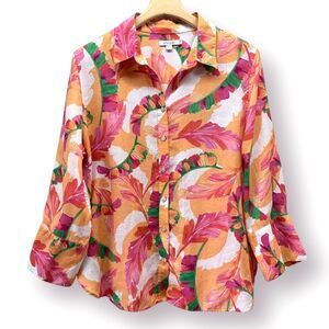 Chicos Size 14 100% Linen Button Up Shirt 3/4 Sleeve Floral Coastal Vacation